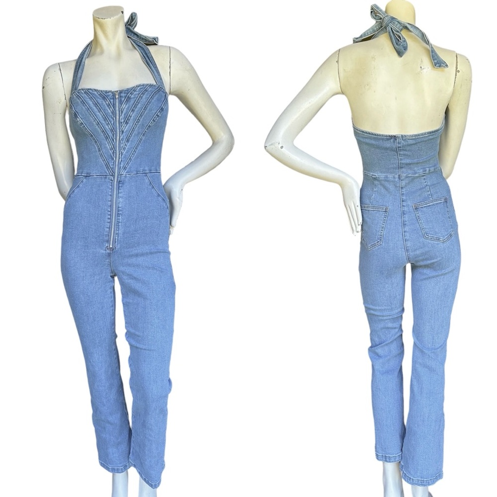 BARDOT "Lee" Halter Medium Wash Denim Jumpsuit in Vintage Size XS